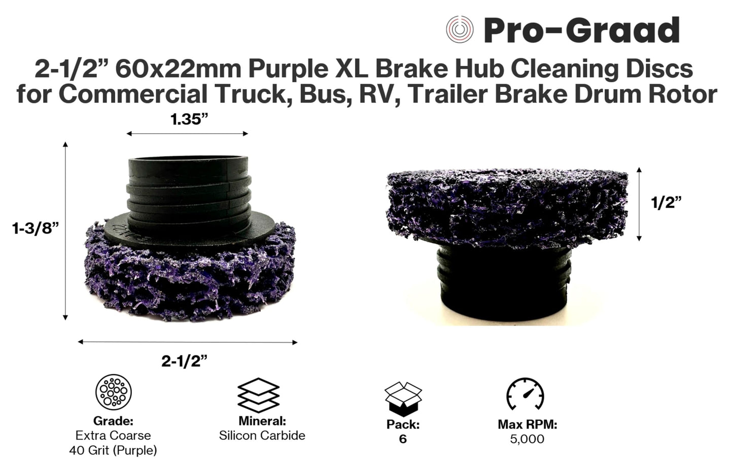 6 Pack 2-1/2” 60mm x 22mm XL Brake Hub Cleaning Replacement Pads for Commercial Truck, Bus, RV, Trailer, Drum, Rotor, Compatible with Pro-GraadXL, Counteract HBCR22, HBCTK-22 Hub Pro-XL Holder
