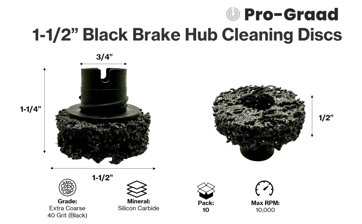 Pro-Graad 45150 10 Pack 1-1/2” Black Brake Hub Cleaning Discs, Brake Drum & Rotors, Around Wheel Studs Rust Removal, Replacement Pads Compatible with Pro Graad Counteract Hub Buddy & 3M Pad Holders