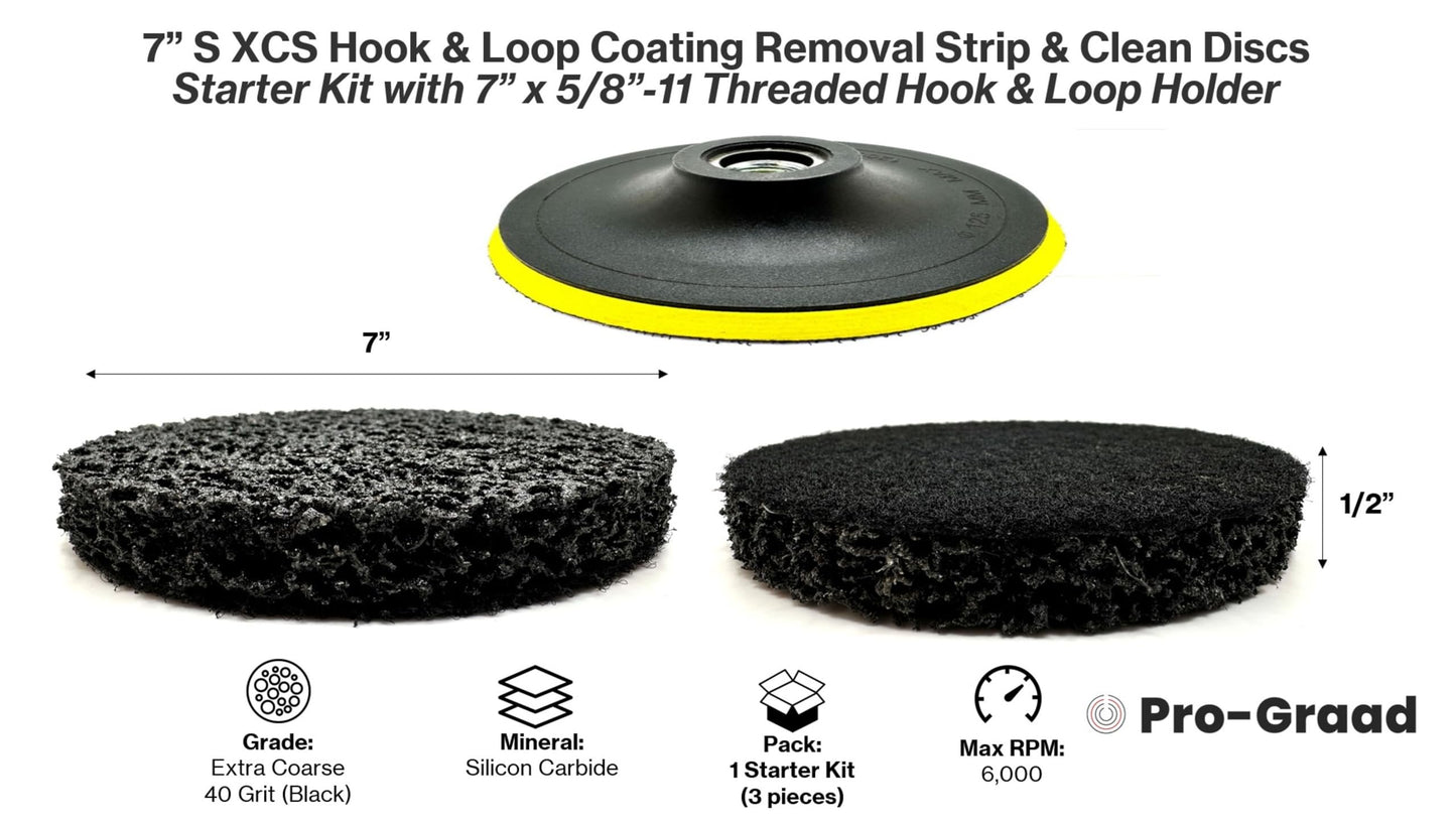 Pro-Graad 4 Piece Starter Kit 7” SXCS Hook and Loop Coating Removal Discs with 7” x 5/8”-11 Pad Holder, Drill Adapter, Silicon Carbide Extra Coarse Clean Strip Discs, Strips Paint Coatings Clean Welds