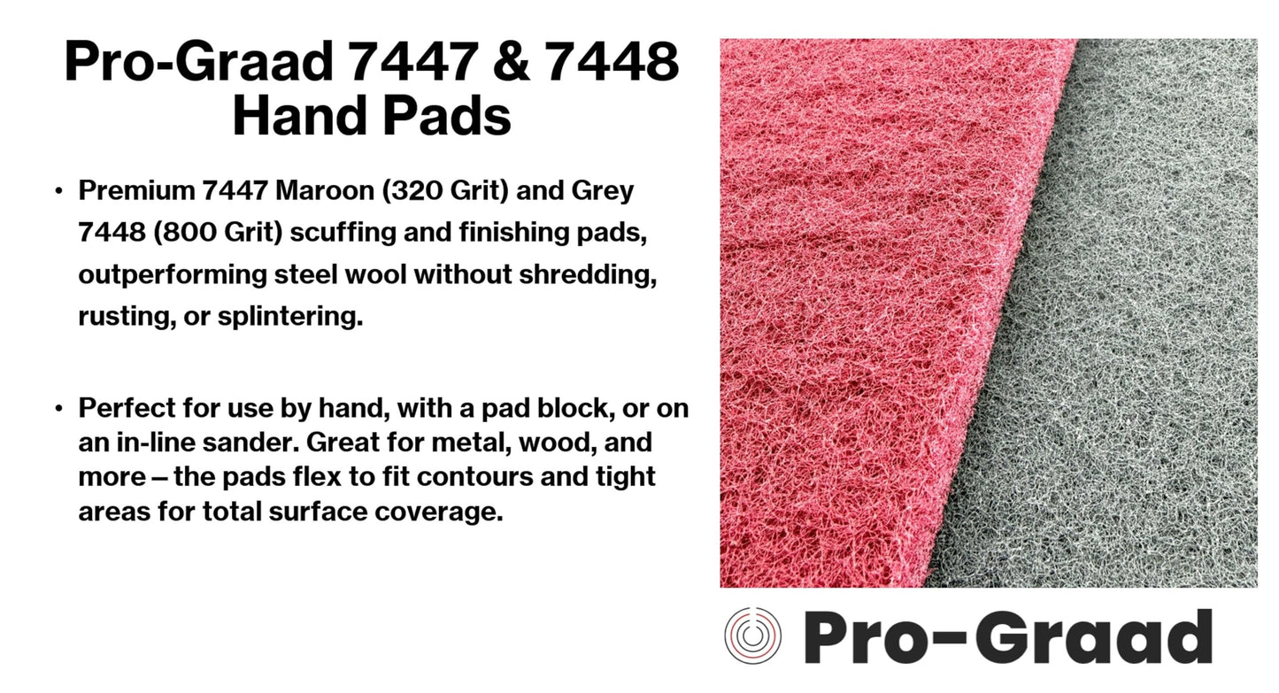 Pro-Graad 7447 & 7448 6" x 9" Automotive & Industrial Scuff Hand Pads, 8-Pack – 4 Maroon Fine & 4 Gray Ultra-Fine. Reusable wet/dry pads for surface/paint prep, sanding, auto body, woodworking, crafts