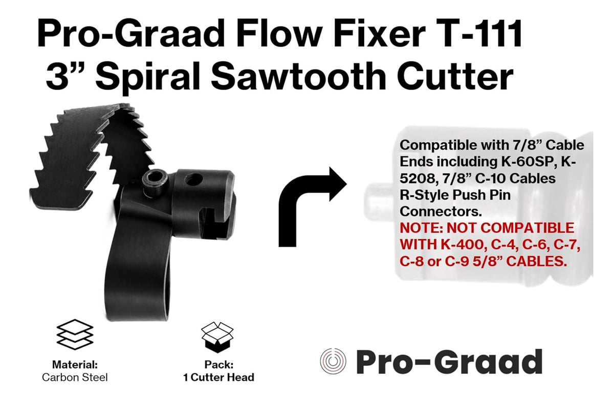 Flow Fixer T-111 3” Spiral Sawtooth Drain Auger Cutter, Fits C-10 7/8”