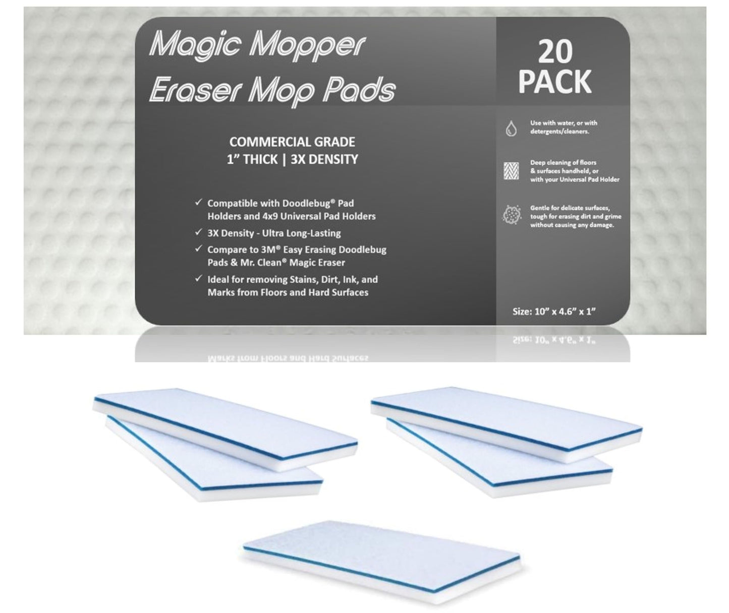 Magic Mopper 4610 Eraser Pads - 20 Pack 4.5" x 10" x 1" Commercial Grade Melamine Sponges for Floor, Tile, Grout, Baseboard, Walls-Durable & Versatile Cleaning - Pack of 20