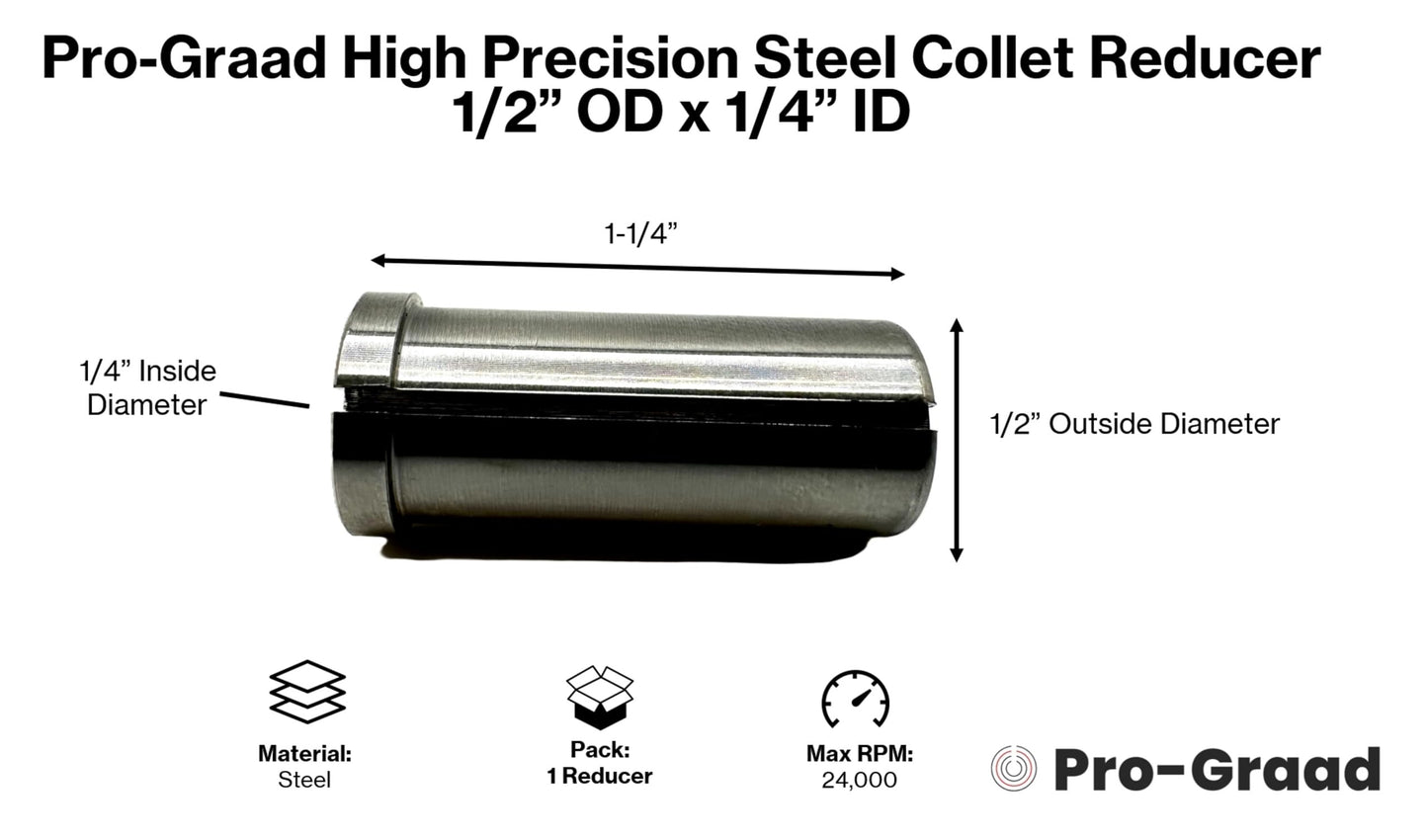 Pro-Graad High Precision Steel Router Collet Reducer, 1/2" OD x 1/4" ID, CNC Router Bit Collet Reduction Sleeve, Industrial-Grade Steel, 1.25" Length for Smooth and Reliable Performance