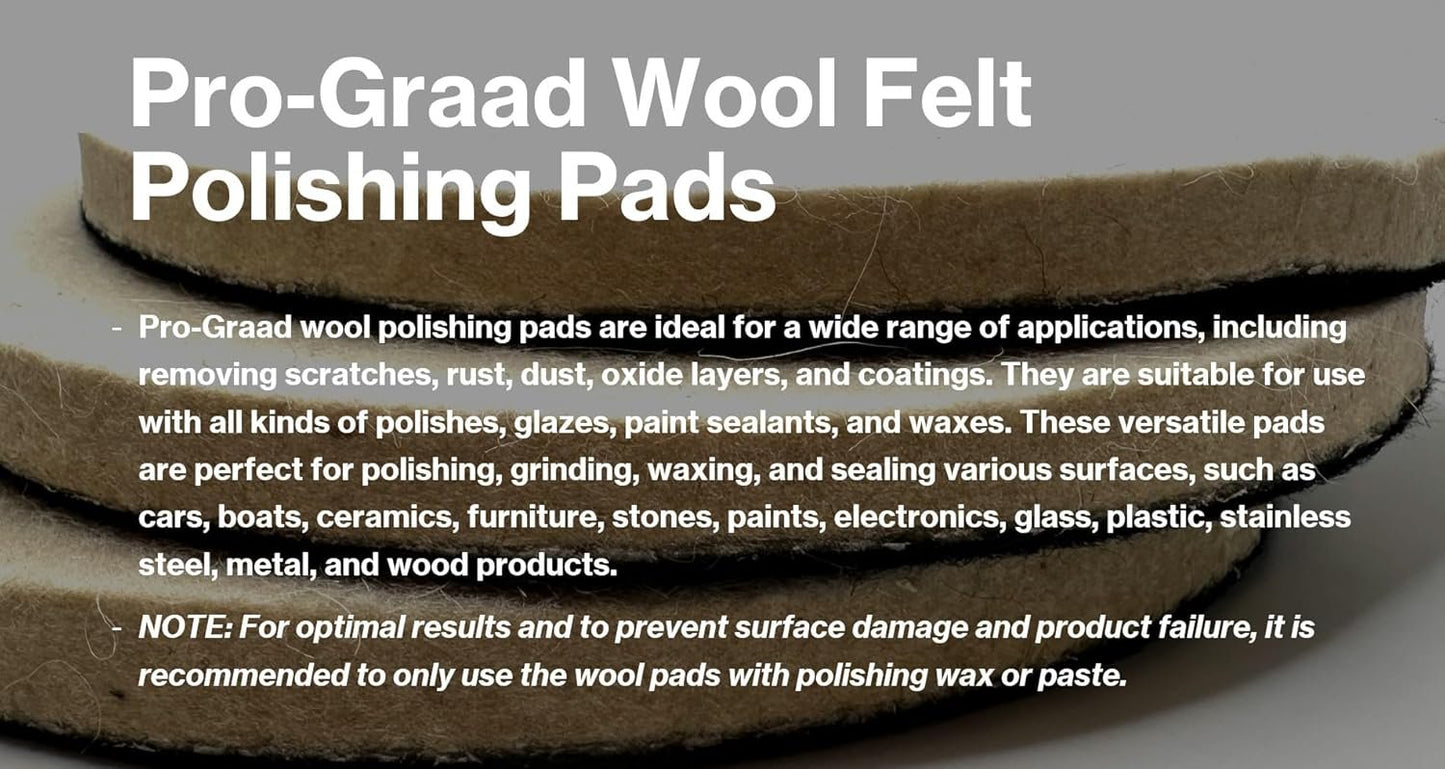 Pro-Graad 5" Wool Polishing Pads, 3pcs Wool Felt Polishing Pad Buffing Wheels Flocking Hook & Loop Backing for Random Orbital Sander, Pack of 3