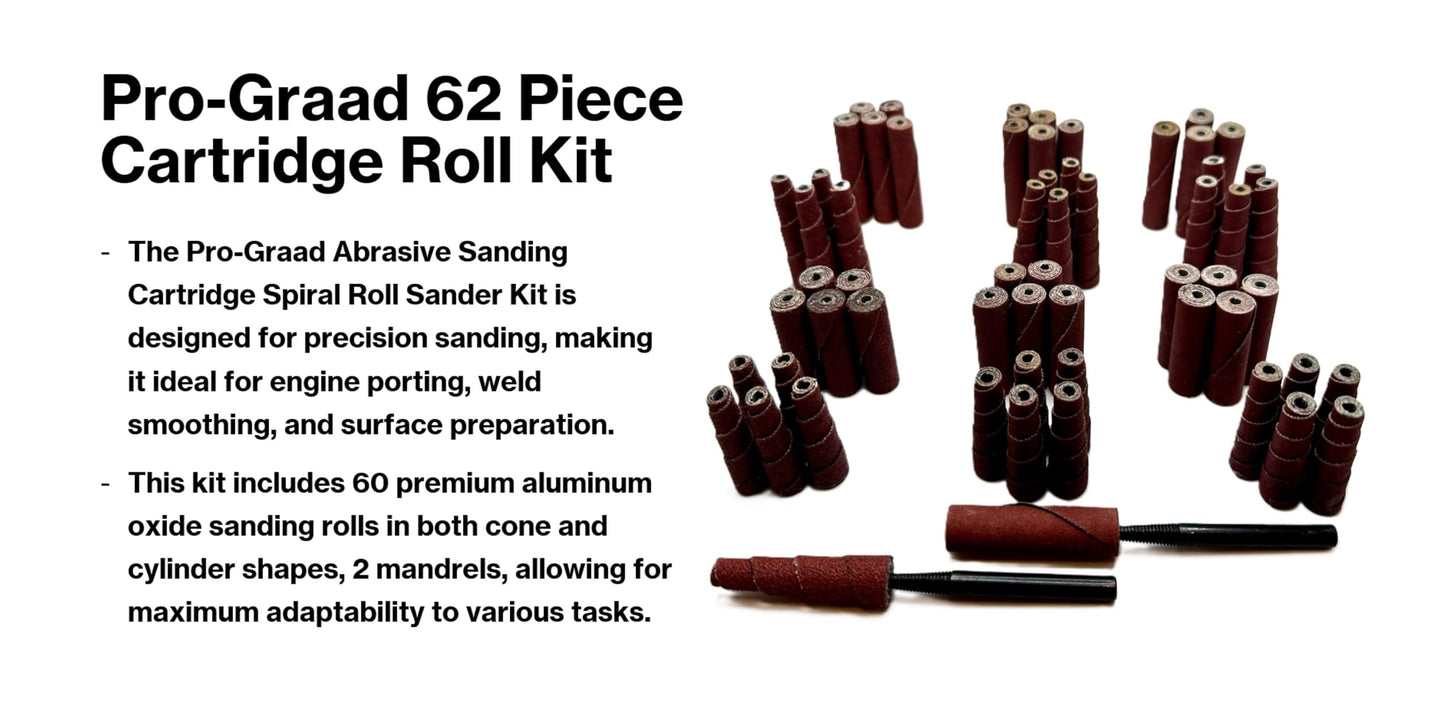 Pro-Graad 62 Piece Abrasive Sanding Cartridge Spiral Roll Sander Kit, Cone & Cylinder Set for Metal, Wood, Stainless, Fiberglass, Welds, Engine & Head Porting – Die Grinder & Rotary Tool Accessories