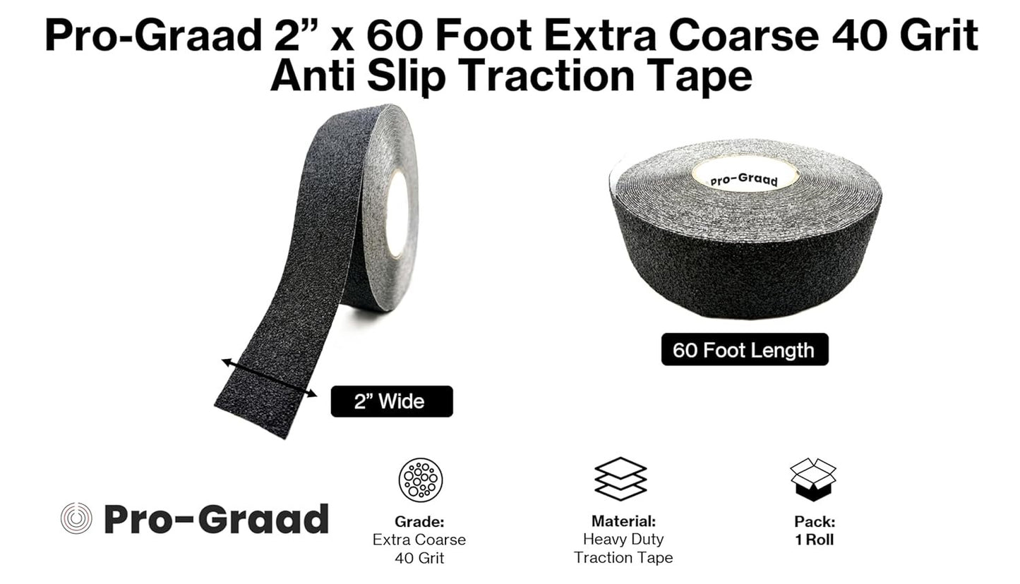 Pro-Graad Anti Slip Traction Tape 2" x 60 Foot, Black, Extra Coarse 40 Grit, Indoor/Outdoor Heavy Duty Safety Tape-Stairs, Steps, Boats, Docks, Ramps & More. Strong Adhesive Non Skid Treads (2” X 60’)