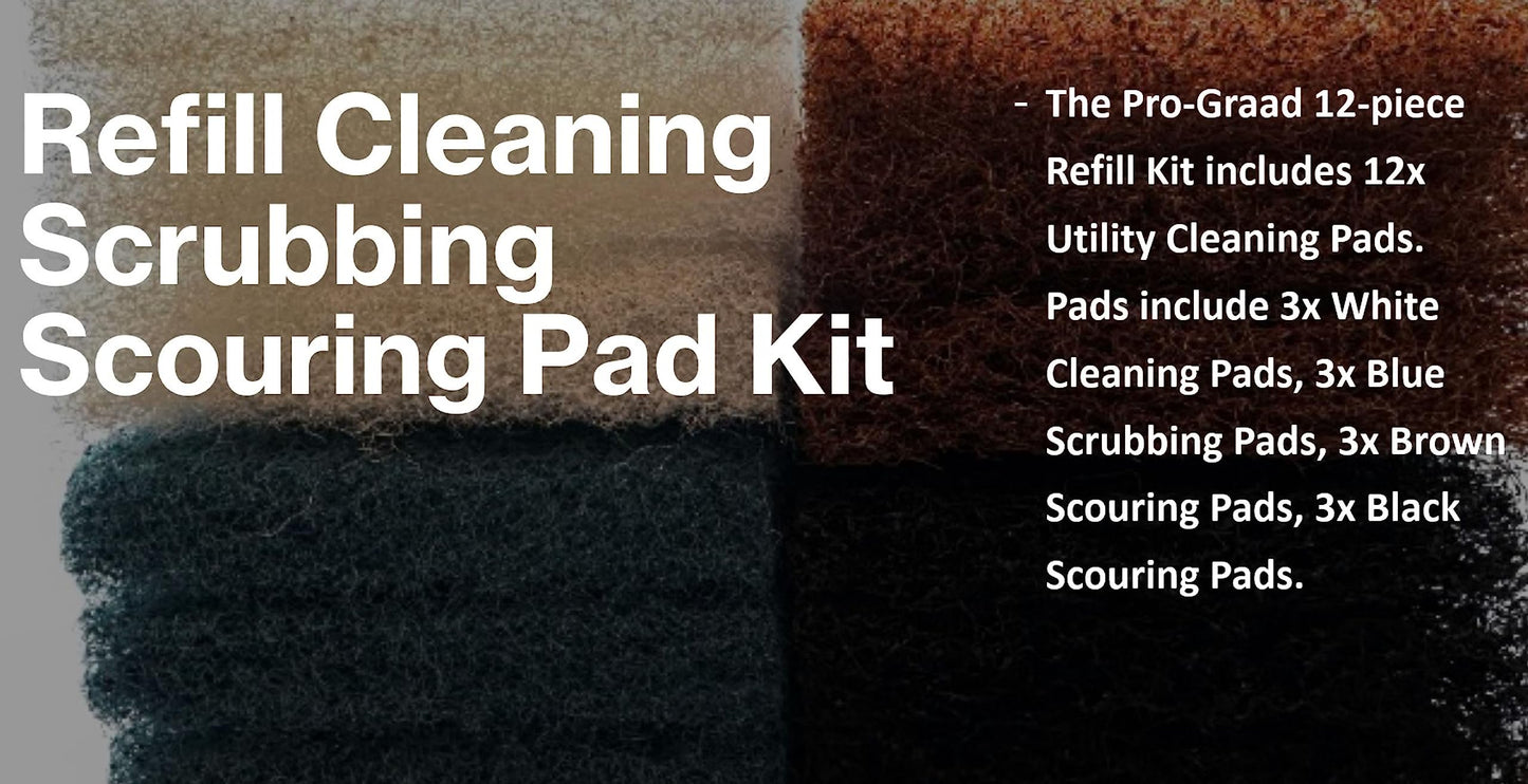 Pro-Graad 12 piece Refill Cleaning Scrubbing Scouring Pad Kit with 3x of 4 Different 10 x 4.5in Utility Cleaning Scrubber Scouring Pads | White Blue Brown Black | Compatible with Doodlebug Pad Holder