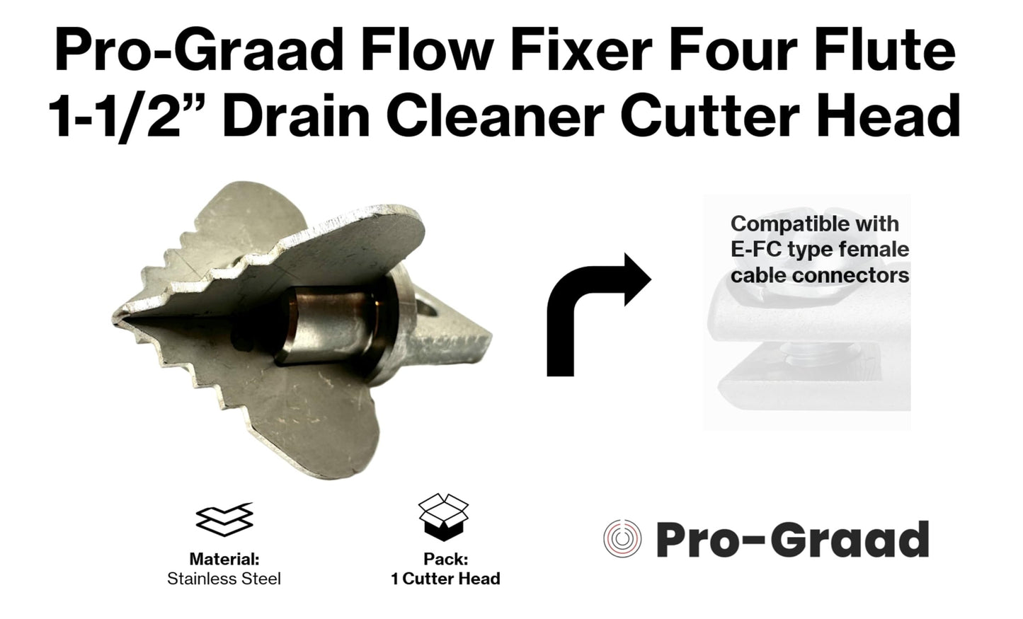 Pro-Graad 1.6” Spear 4 Flute Flow Fixer Drain Cleaner Plumbing Snake Cutter Head for 2” – 3” Pipes, Clears & Scrapes Inner Walls, Fits 3/8” 1/2" or 9/16” Cables, Commercial & Residential Use
