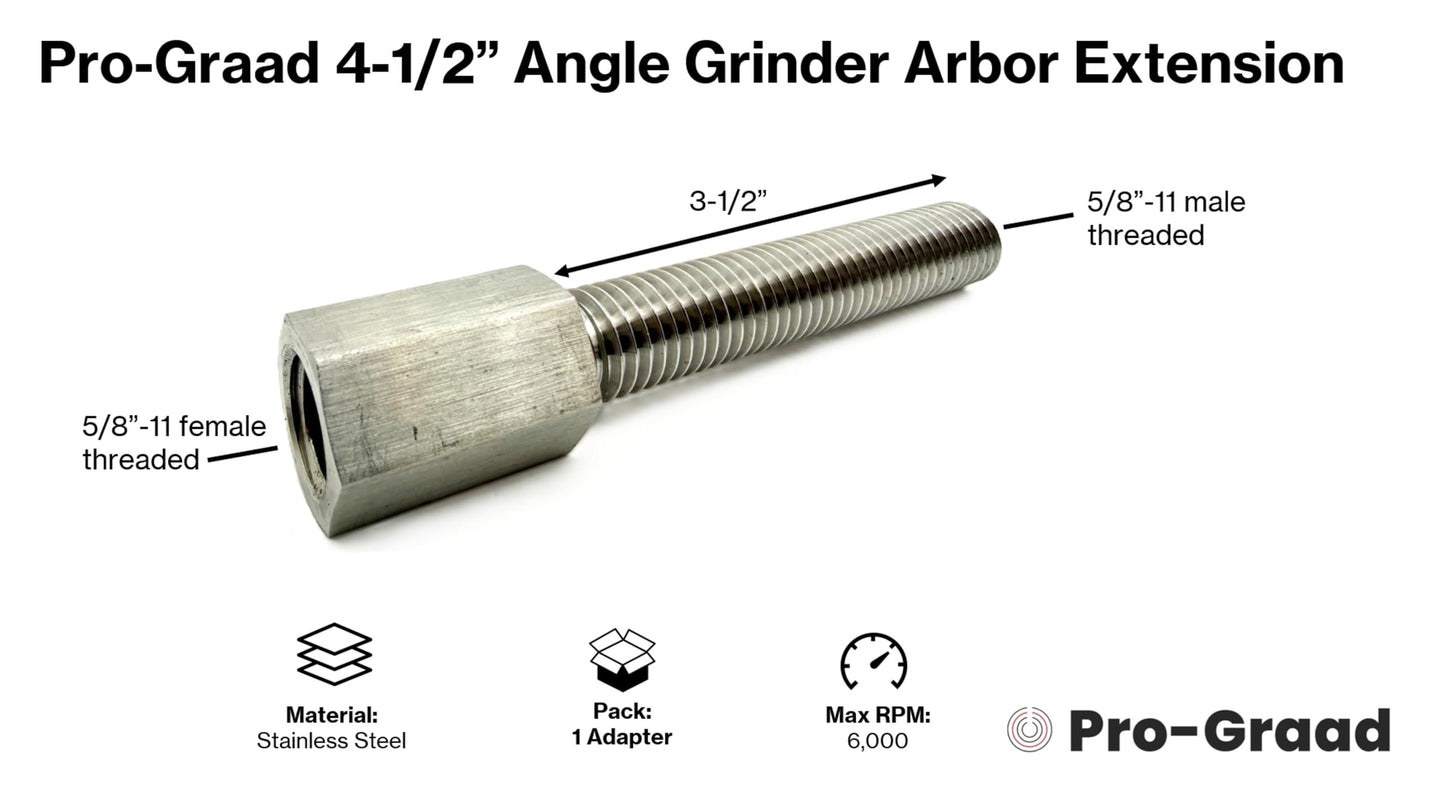 Pro-Graad Angle Grinder Extender Shaft 13060 5/8-11 Female to 5/8-11 Male Threaded Adapter 4-1/2” Length Extension with 3-1/2” Threads, Max 2-1/2” Wheel Width