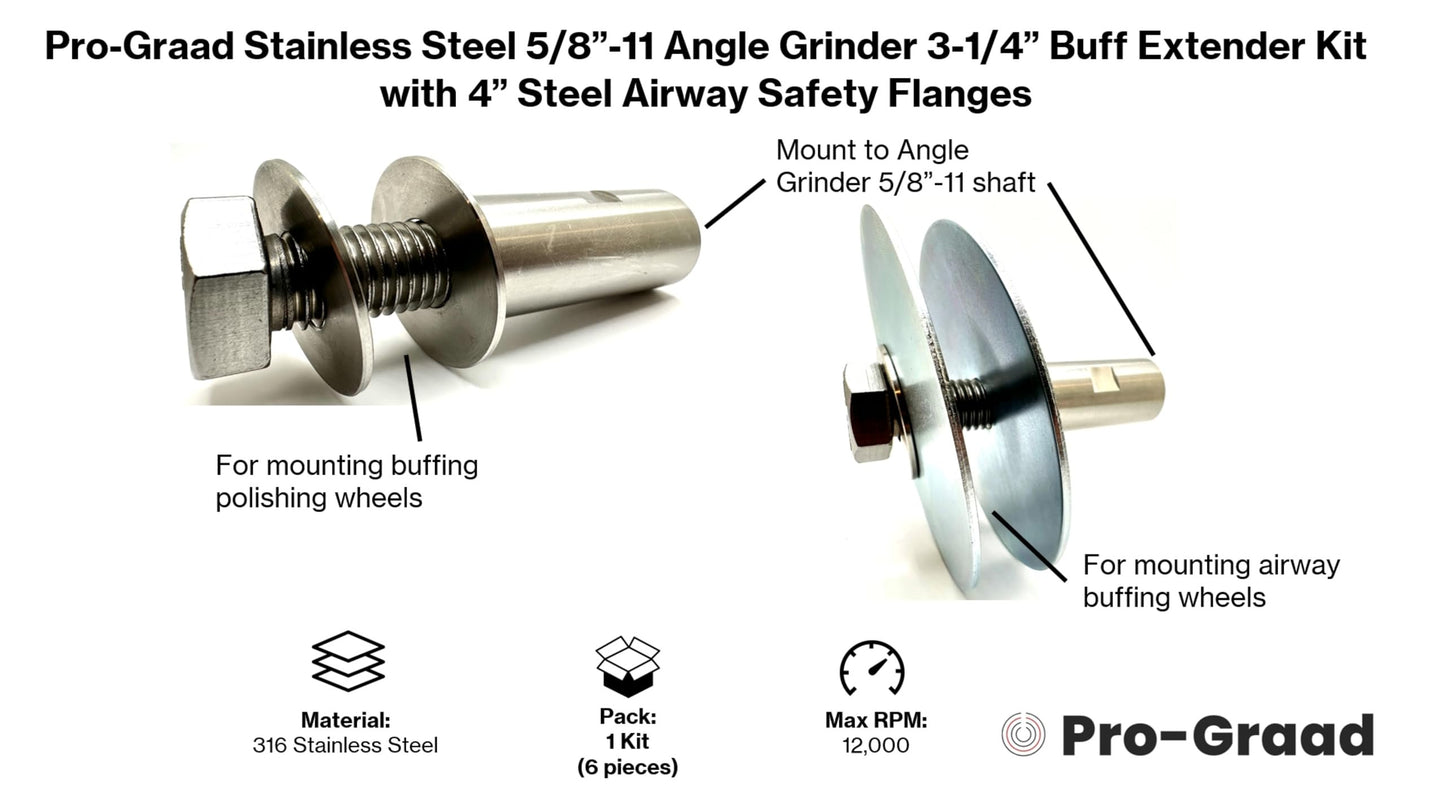 Pro-Graad Stainless Steel 5/8”-11 Angle Grinder Buff Extender Kit, Airway Buffing Polishing Wheel 3-1/4” Extension Shaft, Threaded Arbor Extension Adapter with 4” Steel Airway Safety Flanges