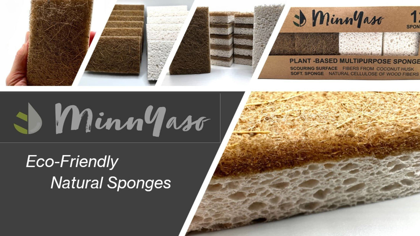MinnYaso 12 Pack Natural Sponges | Hemp Sisal Plant Based Scrubber Scouring Sponge | Eco-Friendly Odor Free Biodegradable Compostable Wood Pulp | Sustainable Scrub Pads for Kitchen, Dishes, Bathroom