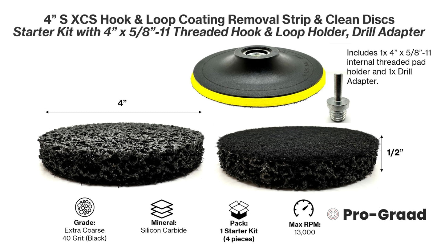 Pro-Graad 4 Piece Starter Kit 4” SXCS Hook and Loop Coating Removal Discs with 4” x 5/8”-11 Pad Holder, Drill Adapter, Silicon Carbide Extra Coarse Clean Strip Discs, Strips Paint Coatings Clean Welds