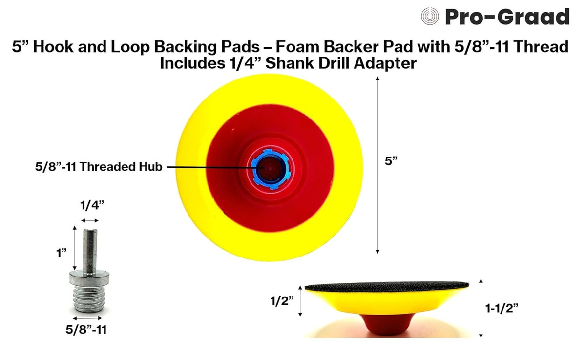 Pro-Graad 5" Premium Hook and Loop Backing Plate for Sanding, Polishing Buffering Pads, Backer Pad with 5/8”-11, 5 inch Backup Pad for Angle Grinder Drill Polisher Buffer – with Drill Adapter
