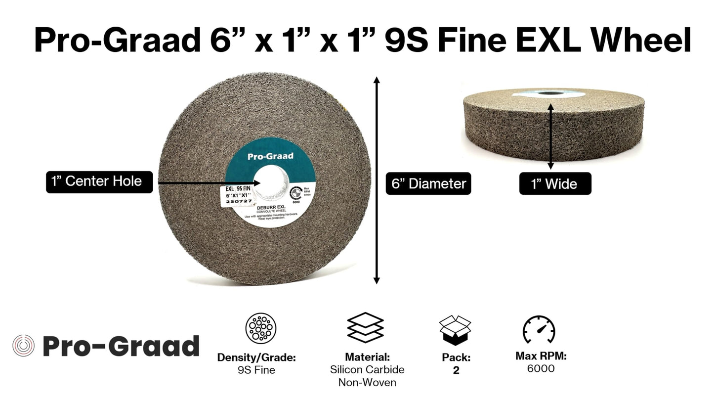 Pro-Graad EXL Deburring Wheel – 2 Pack - 6" x 1" x 1" 9S Fine - Silicon Carbide - Metal Deburring, Finishing and Polishing Wheel - Convolute - 05132 - (Pack of 2)
