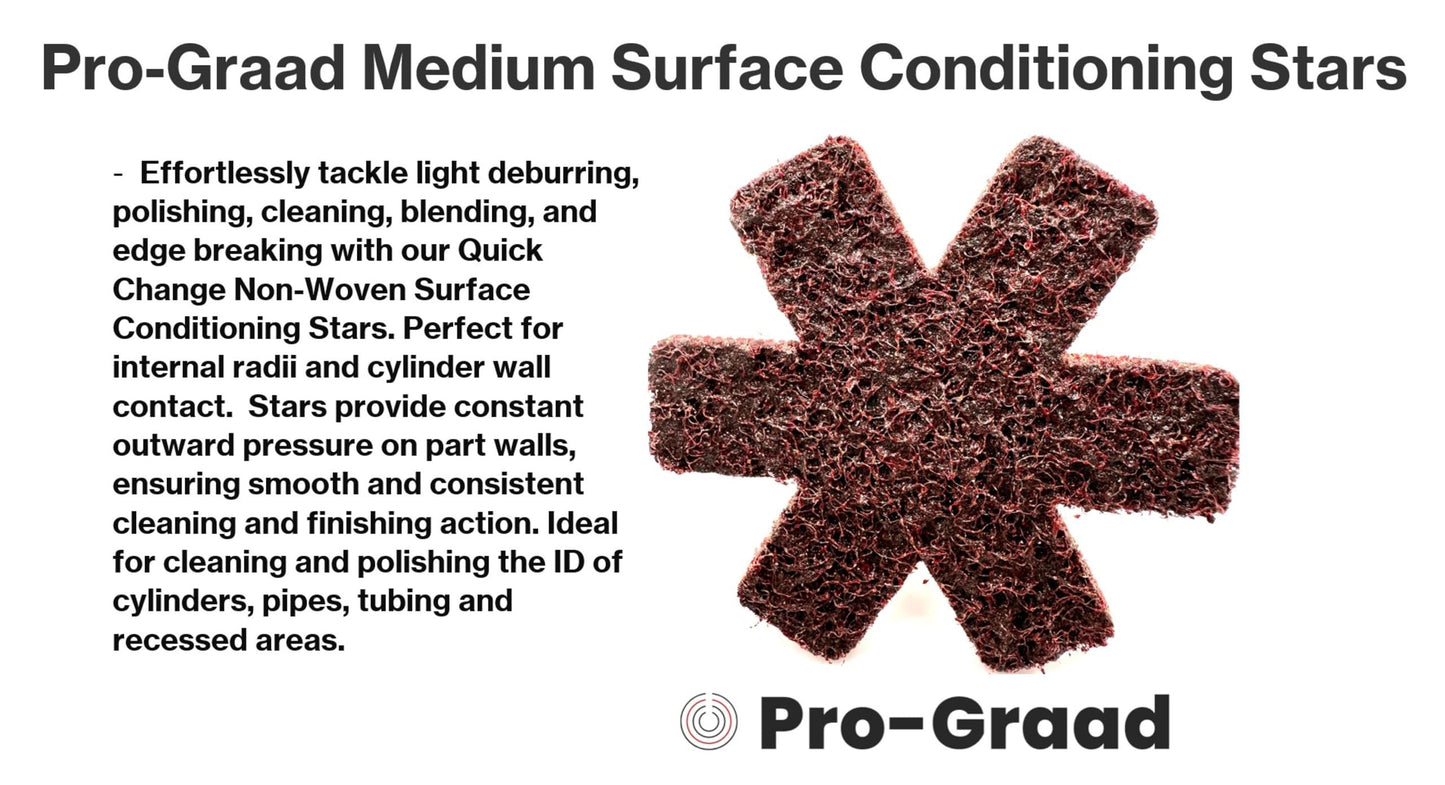 Pro-Graad 10 Pack 3” Medium Quick Change Surface Conditioning Stars, Ideal for Deburring, Polishing, Blending inside of cylinders, pipe, tubing, Excels on Aluminum, Steel, Titanium - Includes Holder