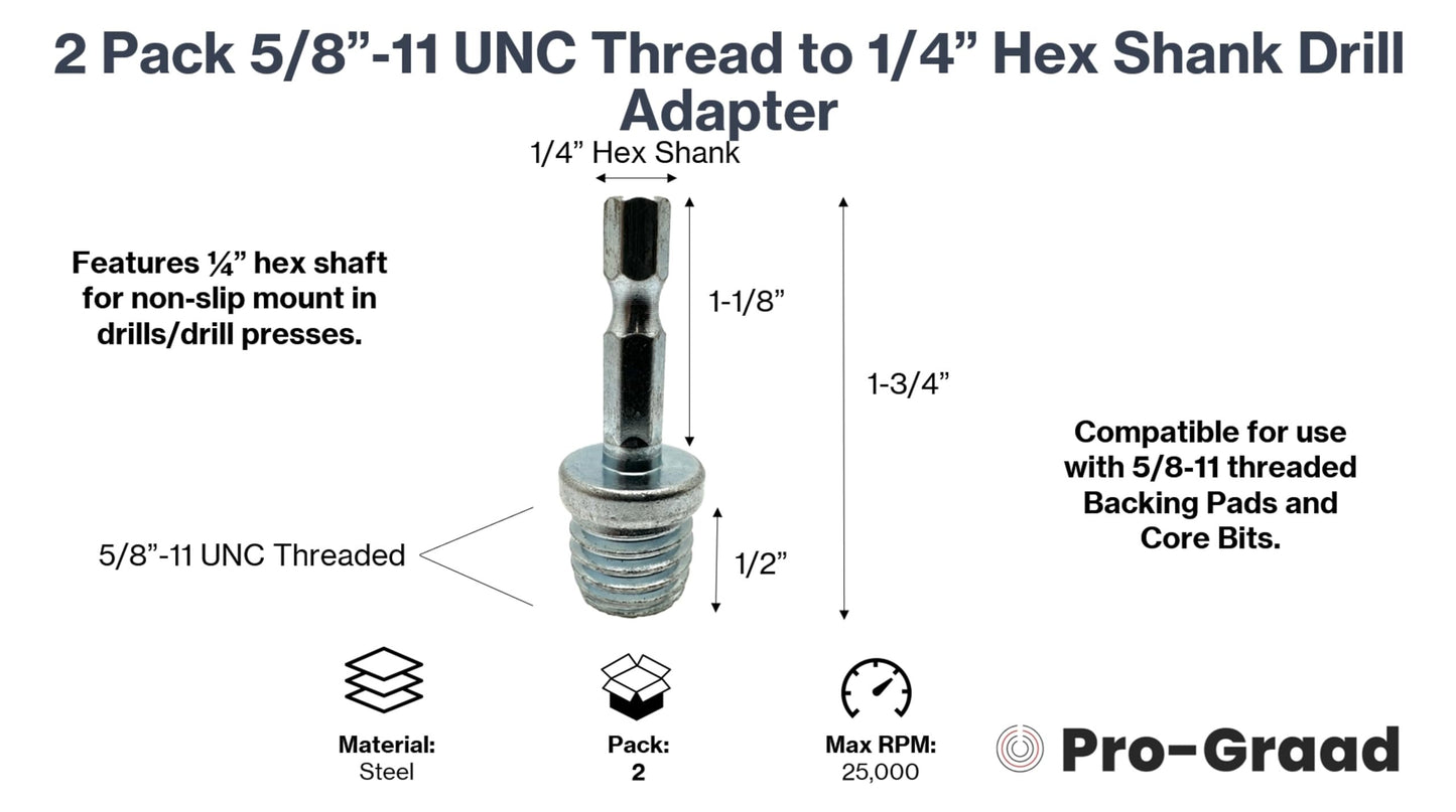 Pro-Graad DA4 2 Pack 5/8"-11 to 1/4" Hex Shank Drill Adapter - Converts Polisher Pad Backing Plates or Core Drill Bit with 5/8-11 Thread to 1/4" Hex Shaft for Use with Drills and Drill Press (2 Pack)