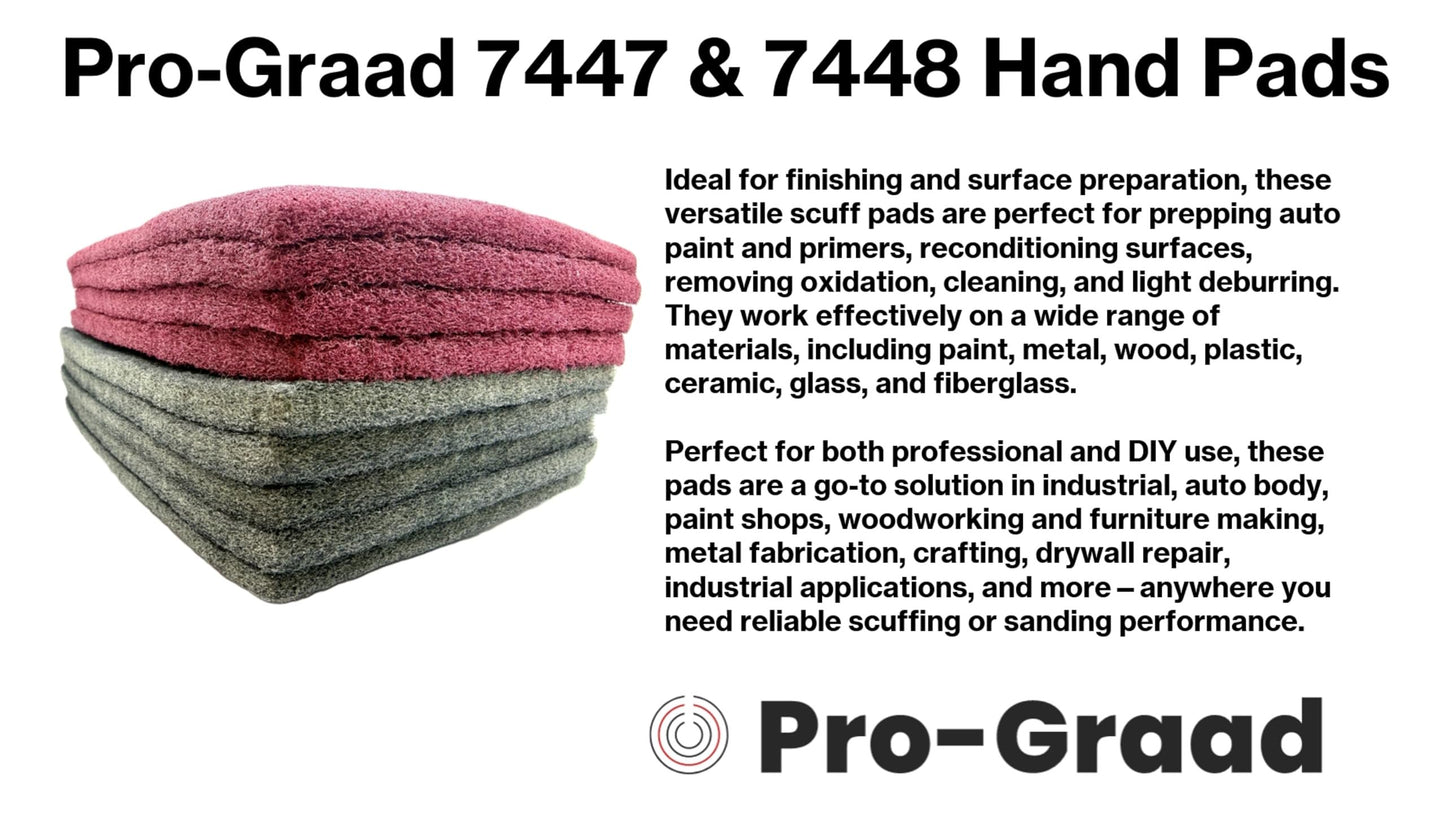 Pro-Graad 7447 & 7448 6" x 9" Automotive & Industrial Scuff Hand Pads, 8-Pack – 4 Maroon Fine & 4 Gray Ultra-Fine. Reusable wet/dry pads for surface/paint prep, sanding, auto body, woodworking, crafts