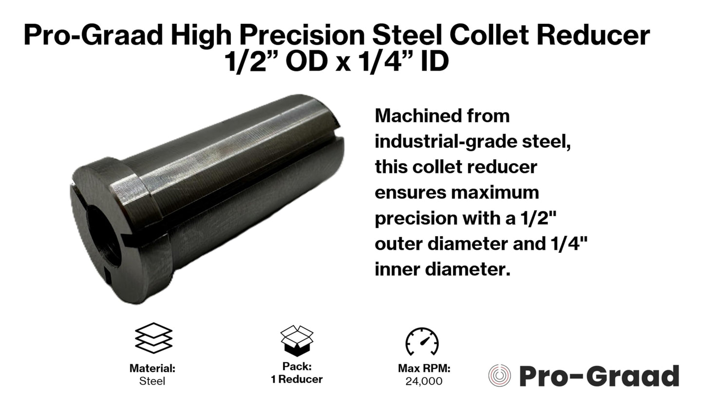 Pro-Graad High Precision Steel Router Collet Reducer, 1/2" OD x 1/4" ID, CNC Router Bit Collet Reduction Sleeve, Industrial-Grade Steel, 1.25" Length for Smooth and Reliable Performance