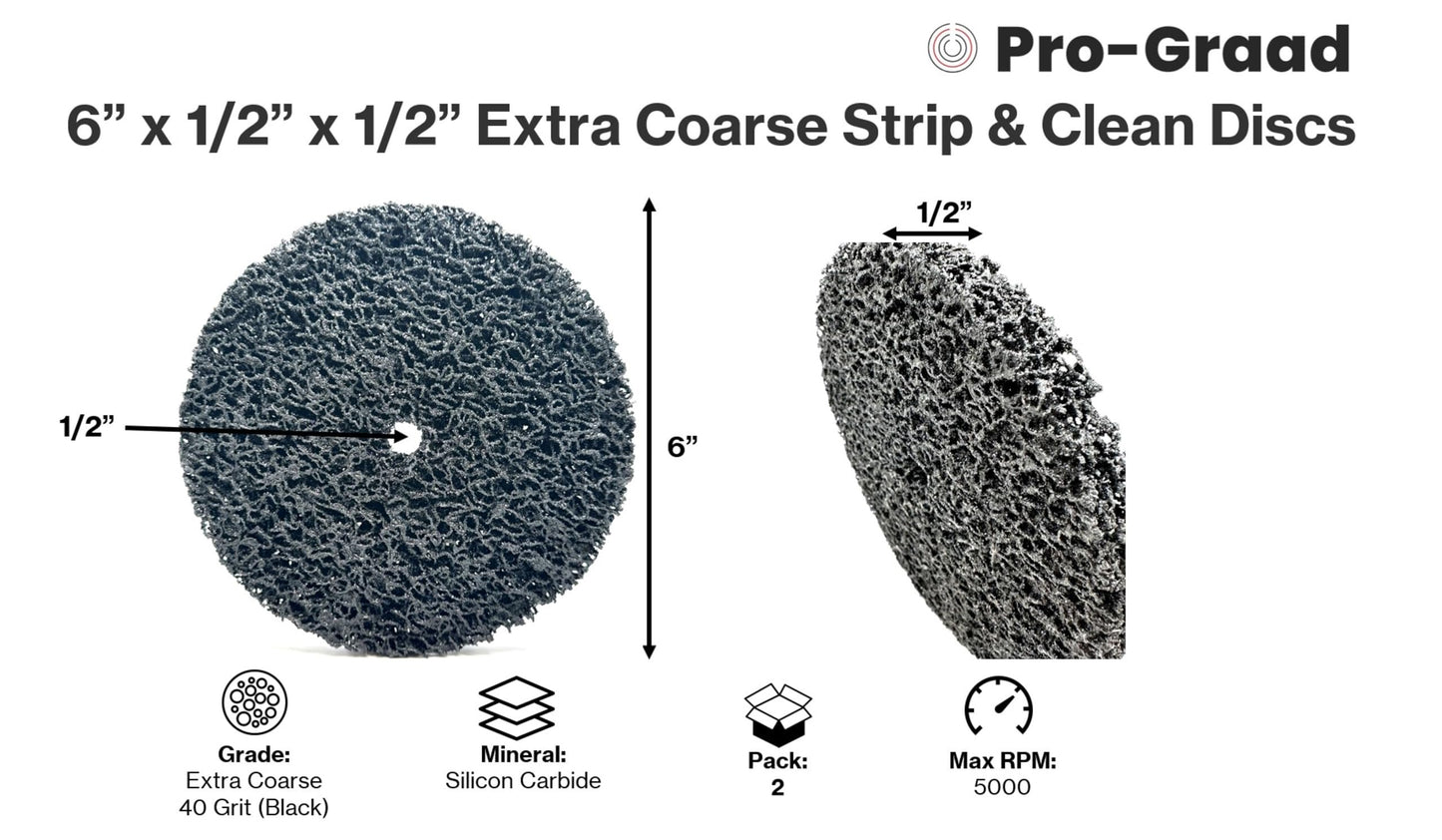 Pro-Graad 2 Pack 6” x 1/2” x 1/2" Strip & Clean Disc, Silicon Carbide Extra Coarse Cleaning Stripping Discs for Bench/Angle Grinder, Remove Paint Coatings Corrosion Rust Weld Cleanup, Black, Pack of 2