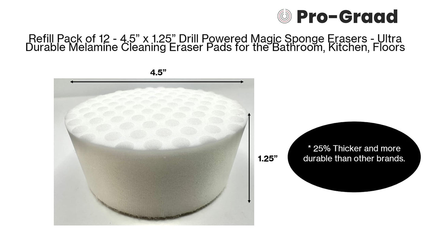 Refill Pack of 12 Drill Powered XL 4.5” Magic Sponge Erasers | Compatible with RotoEraser | 25% Thicker Ultra Durable Melamine Cleaning Eraser Pads for Bathroom Kitchen Floors Round 4.5" x 1.25" Thick