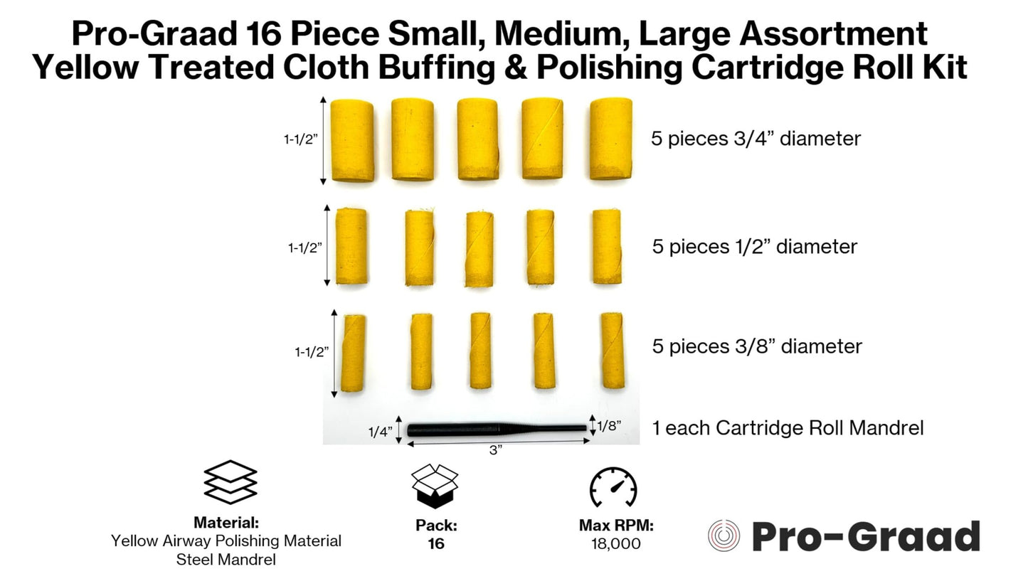 Pro-Graad Yellow Treated Cloth Buffing & Polishing Cartridge Roll (3/8", 1/2", 3/4" Assortment, 16, Each)