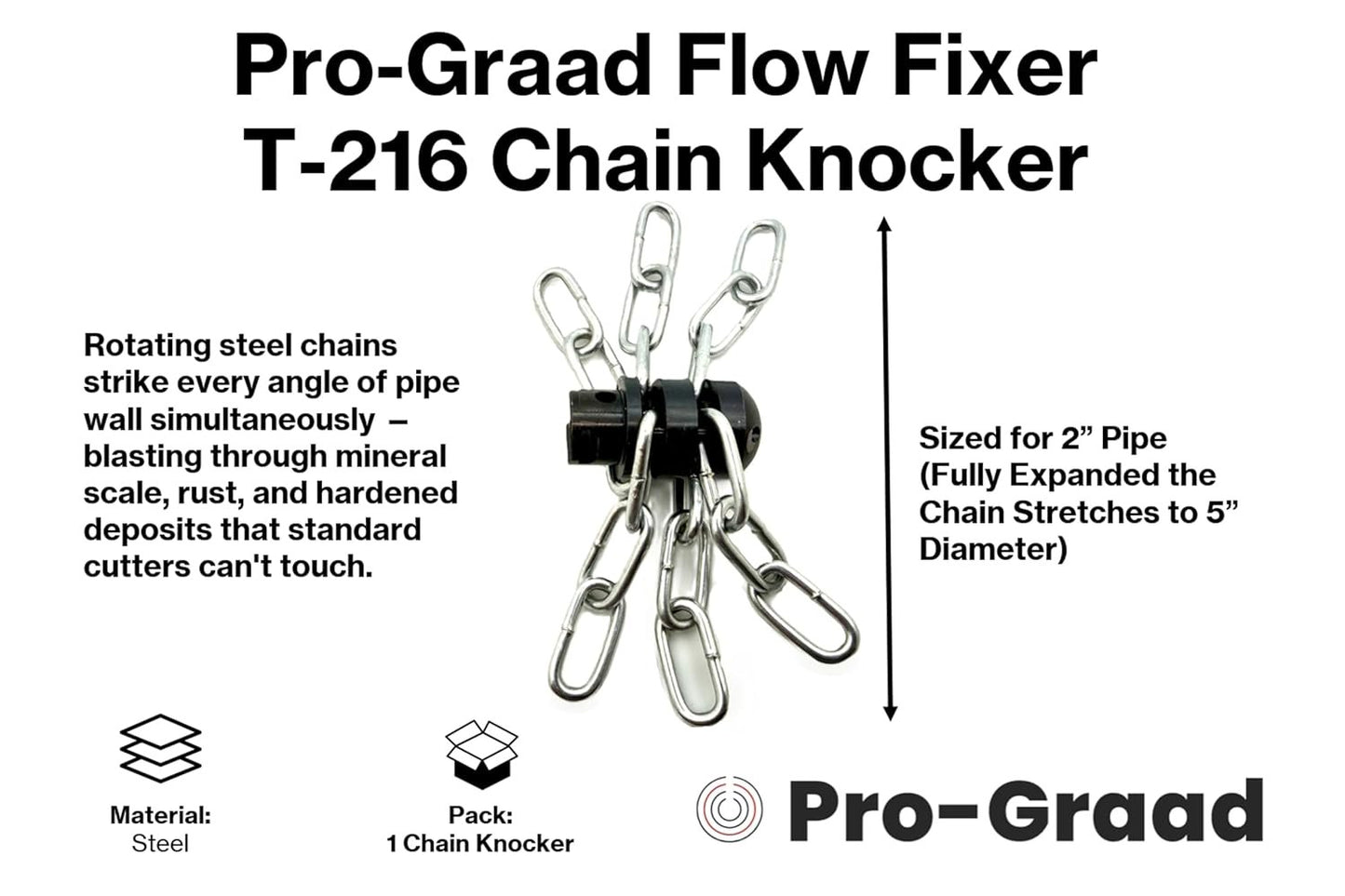Pro-Graad FlowFixer T-216 2" Chain Knocker Drain Cleaning Head | Heavy Scale Removal | Compatible Fit RIDGID K-50 K-400 K-3800 | C-4 C-6 C-7 C-8 C-9 Cables, Commercial & Residential Use, 63060