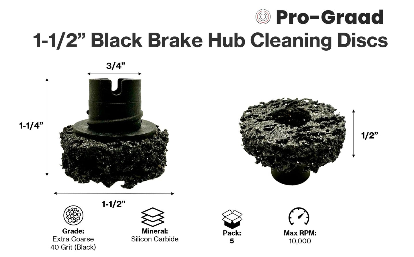Pro-Graad 45150 5 Pack 1-1/2” Black Brake Hub Cleaning Discs, Brake Drum & Rotors, Around Wheel Studs Rust Removal, Replacement Pads Compatible with Pro Graad Counteract Hub Buddy & 3M Pad Holders