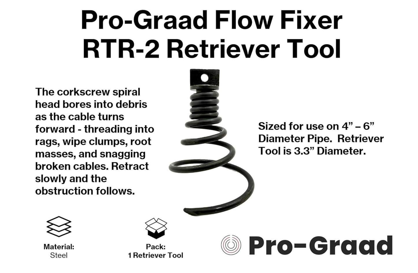 Pro-Graad FlowFixer RTR-2 Drain Cleaning Retrieving Tool | Large Corkscrew Cable Attachment | Retrieves Broken Cables, Rags & Debris | Fits 5/8" & 3/4" Drain Cables | For Use in 4” – 6” Pipes