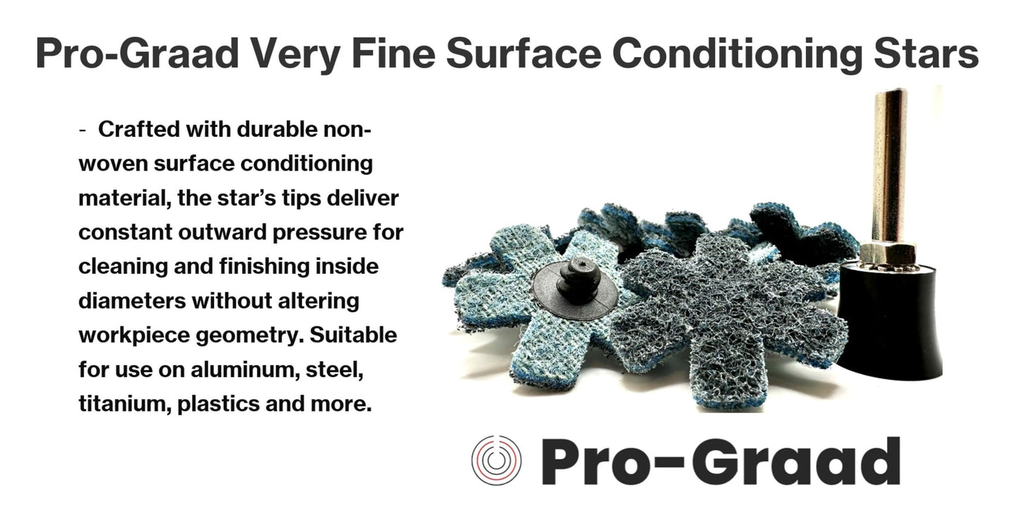 Pro-Graad 10 Pack 2” Very Fine Quick Change Surface Conditioning Stars, Ideal for Deburring, Polishing, Blending inside of cylinders, pipe, tubing, for Aluminum, Steel, Titanium - Includes Holder