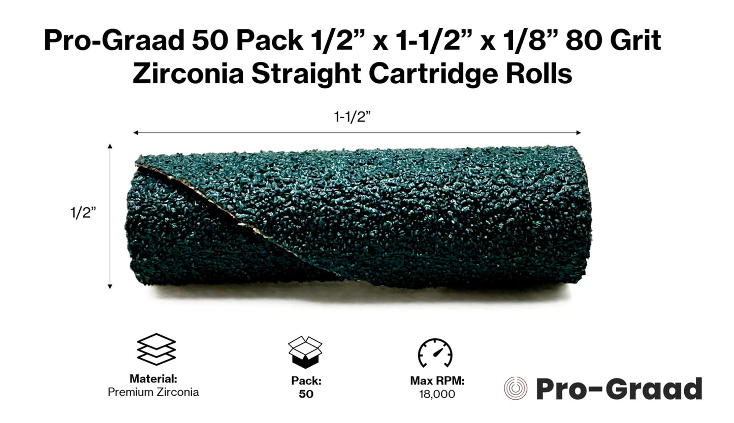 Pro-Graad 1/2” Diameter x 1-1/2” Length x 1/8” Pilot Hole 80 Grit Zirconia Straight/Untapered Cartridge Roll, 50 Pack, Includes 1x CR-9 Mandrel
