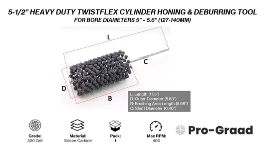 Pro-Graad TwistFlex Heavy Duty Cylinder Hone, 5-1/2" 140mm 320SC Flexible Cylinder Honing & Deburring Tool, 5.5" Bore Brush for Hole Diameters 5"- 5.6", Silicon Carbide 320 Grit, 17.5" Length (1 Pack)