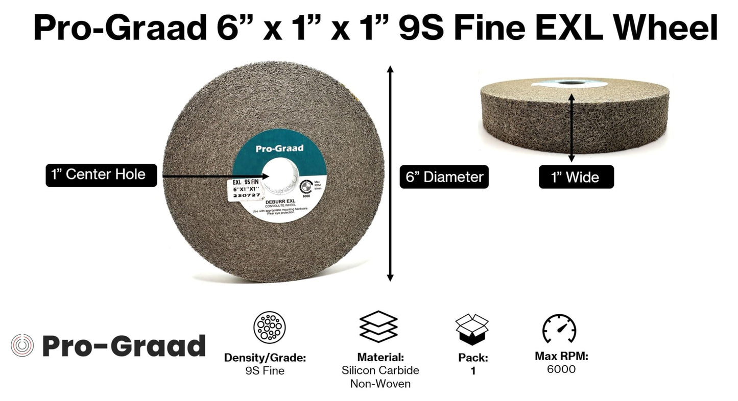 Pro-Graad EXL Deburring Wheel - 6" x 1" x 1" 9S Fine Grit - Silicon Carbide - Metal Deburring, Finishing and Polishing Wheel - Convolute - 05132 - (1 Pack)