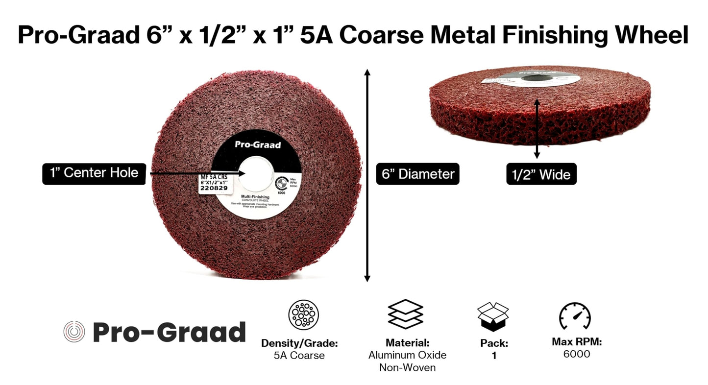 Pro-Graad Metal Finishing Wheel – 6” x 1/2” x 1” 5A Coarse – Aluminum Oxide – Maroon Metal Finish Convolute Wheel – for #3 Brush, Satin and Mill Finishes – 05394 - Pack of 1