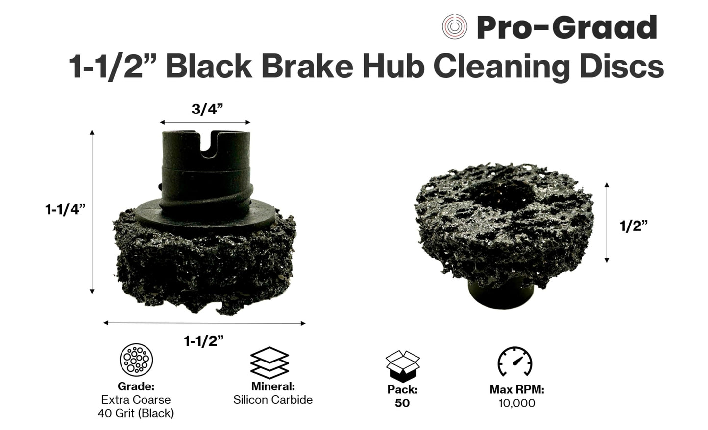Pro-Graad 45150 50 Pack 1-1/2” Black Brake Hub Cleaning Discs, Brake Drum & Rotors, Around Wheel Studs Rust Removal, Replacement Pads Compatible with Pro Graad Counteract Hub Buddy & 3M Pad Holders