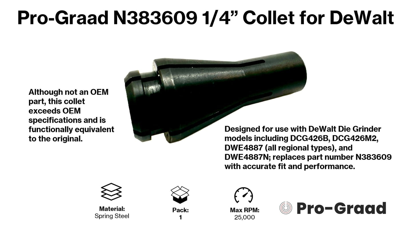 Pro-Graad N383609 1/4" Collet Compatible with  DeWalt Die Grinder DCG426, DCG426B, DCG426M2, DWE4887, DWE4887-AR, DWE4887-B2, DWE4887-B3, DWE4887N Die Grinder Parts
