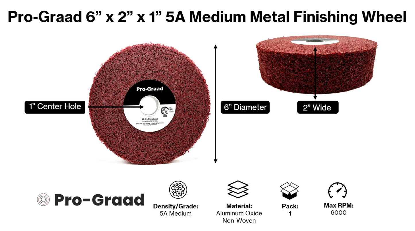 Pro-Graad Metal Finishing Wheel – 6” x 2” x 1” 5A Medium – Aluminum Oxide – Maroon Metal Finish Convolute Wheel – for #3 & #4 Brush, Satin and Mill Finishes – 01869 - Pack of 1