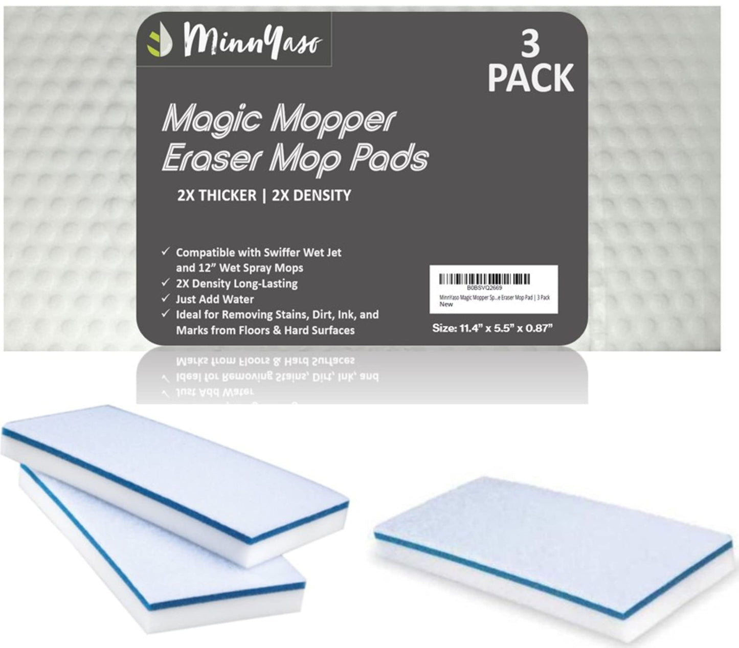 MinnYaso Magic Mopper Sponge Eraser Mop Pad | Compatible with Swiffer Wet Jet and 12" Wet Spray Mops | 12-inch Magic Sponge Eraser Mop Pad | 3 Pack