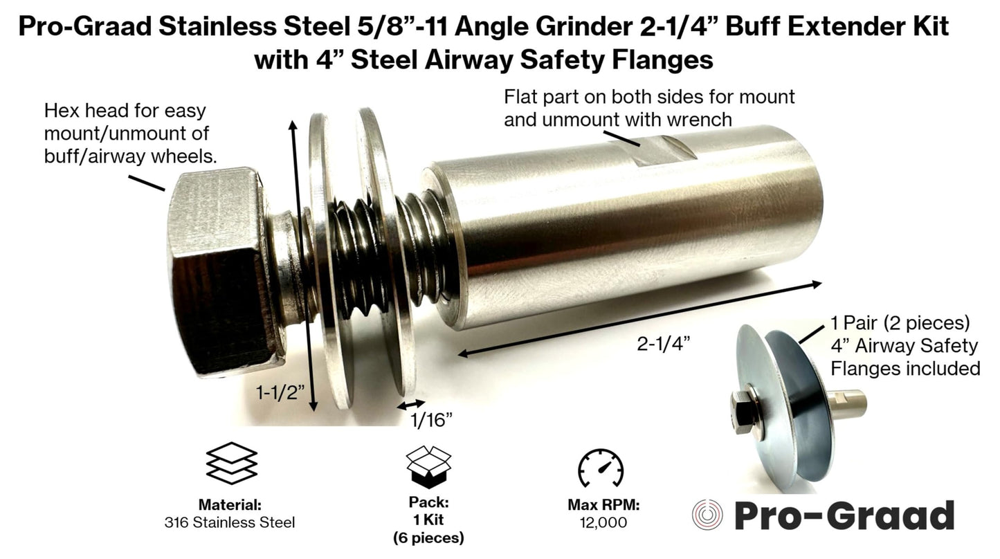 Pro-Graad Stainless Steel 5/8”-11 Angle Grinder Arbor Airway Buff Extender