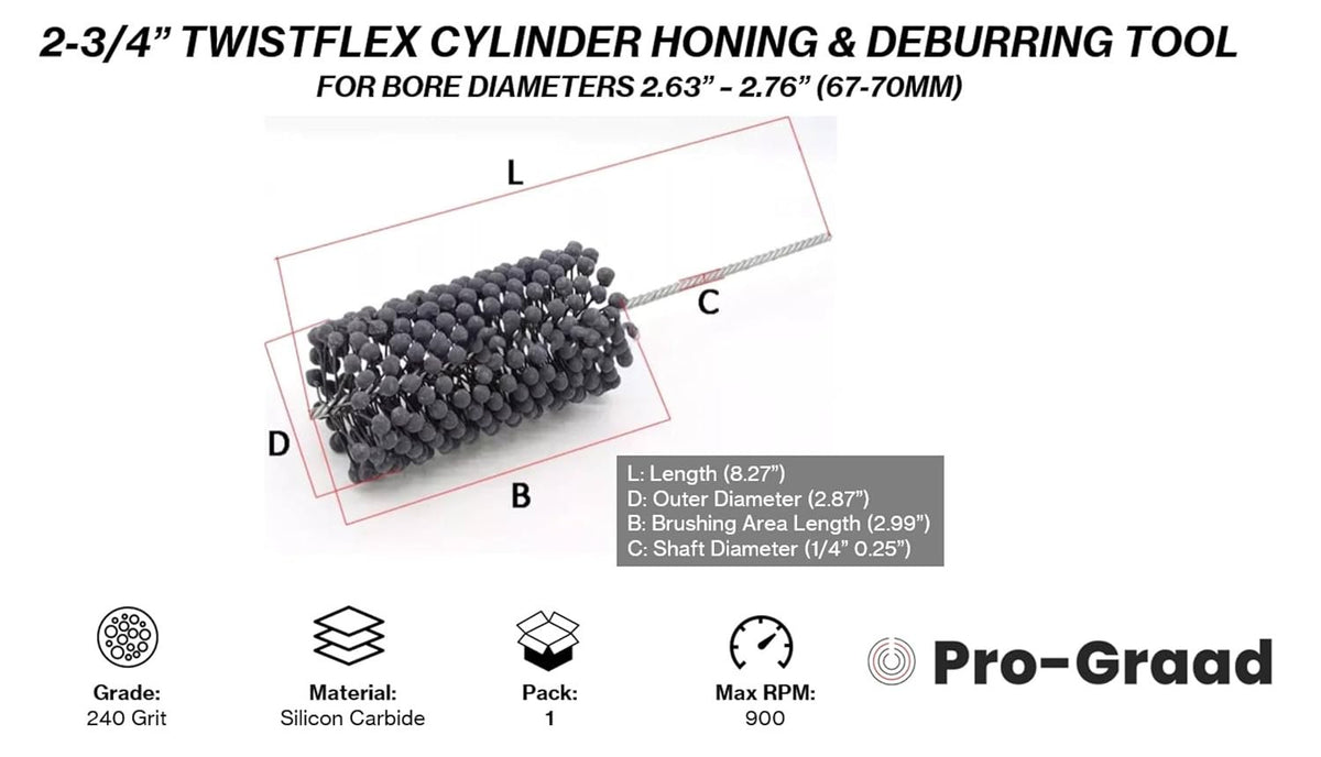 2-3/4" 240 Grit Silicon Carbide TwistFlex Cylinder Hone, Fits 2.63"- 2.76"