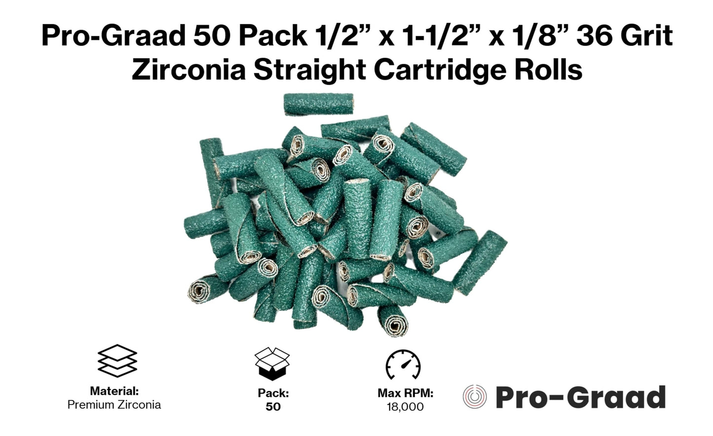 Pro-Graad 1/2” Diameter x 1-1/2” Length x 1/8” Pilot Hole 36 Grit Zirconia Straight/Untapered Cartridge Roll, 50 Pack, Includes 1x CR-9 Mandrel