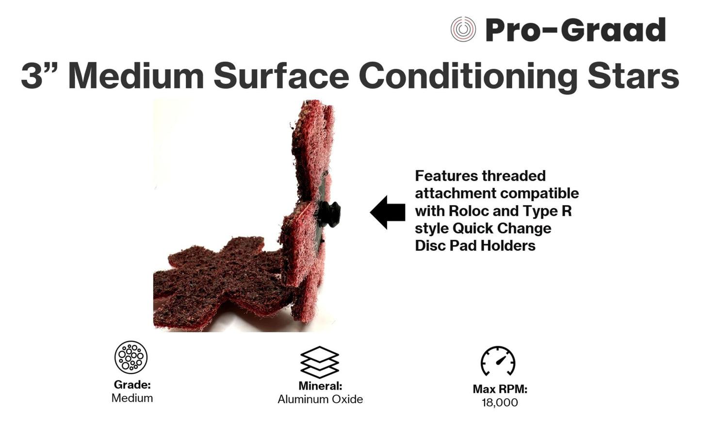 Pro-Graad 10 Pack 3” Medium Quick Change Surface Conditioning Stars, Ideal for Deburring, Polishing, Blending inside of cylinders, pipe, tubing, Excels on Aluminum, Steel, Titanium - Includes Holder