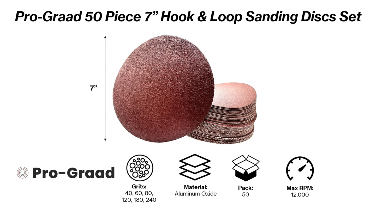 Pro-Graad 50PCS 7" Sanding Discs – 60/80/120/180/240 Grits, Hook & Loop, No-Hole, Aluminum Oxide for Drywall, Floor, Wood, Metal, Fiberglass – Durable, Fast Cutting, Clog-Resistant Sandpaper Set