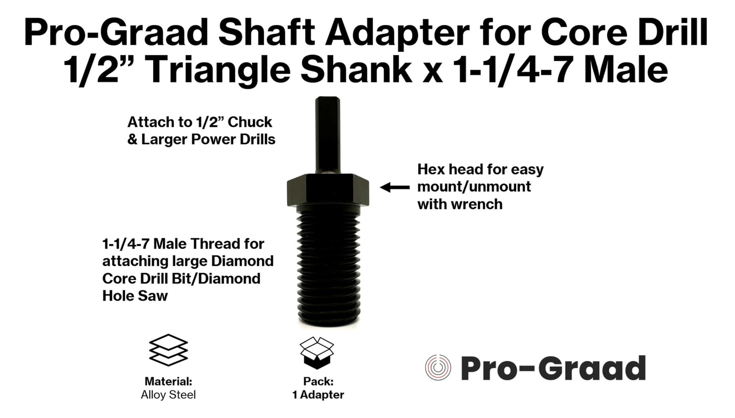 Pro-Graad Shaft Adapter for Core Drill Hole Saw, 1/2” Triangle Hex Shank to 1-1/4"-7 Male Threads, for Use with 1-1/4”-7 Threaded Diamond Hole Saw & Diamond Core Drill Bits
