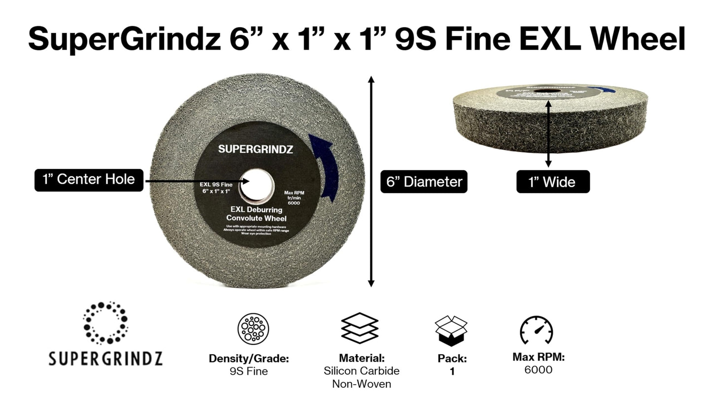 SuperGrindz EXL Deburring Wheel - 6" x 1" x 1" 9S Fine Grit - Silicon Carbide - Metal Deburring, Finishing and Polishing Wheel - Convolute - (1 Pack)