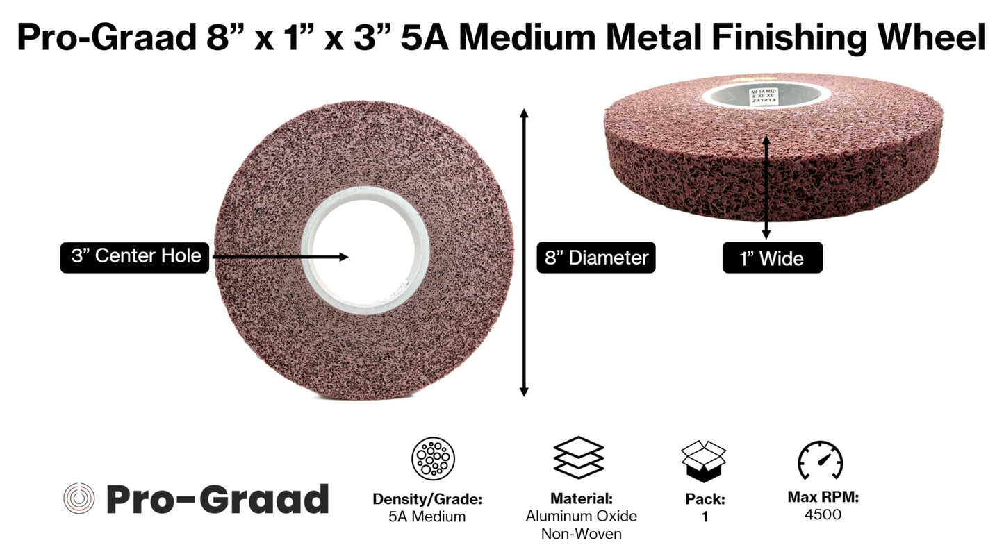 Pro-Graad Metal Finishing Wheel – 8” x 1” x 3” 5A Medium – Aluminum Oxide – Maroon Metal Finish Convolute Wheel – for #3 & #4 Brush, Satin and Mill Finishes – 01871 - Pack of 1