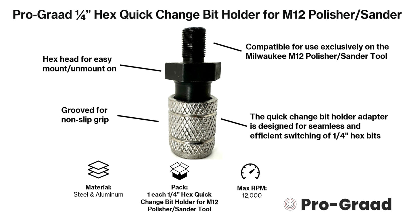 Pro-Graad 1/4” Hex Shank Converter, Quick Change Bit Holder Adapter for Milwaukee M12 Polisher Sander Tool, Upgrade Accessory M12 Polisher/Sander, Pack of 1