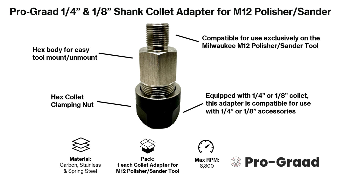 Pro-Graad Collet Adapter for Milwaukee M12 Polisher/Sander - Includes 1/8” & 1/4” Collets, Upgrade Accessory for M12 Tool, Shank Converter for 1/4” & 1/8” Accessories, Pack of 1