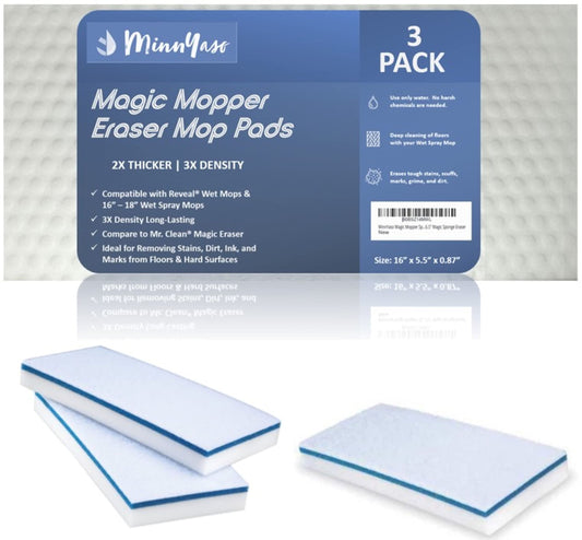 MinnYaso Magic Sponge Eraser Pad | Compatible with Most 16" Spray Mops, Libman & Reveal | Fit 16-18" Mops | 16.5" Magic Sponge Eraser | 3 Pack