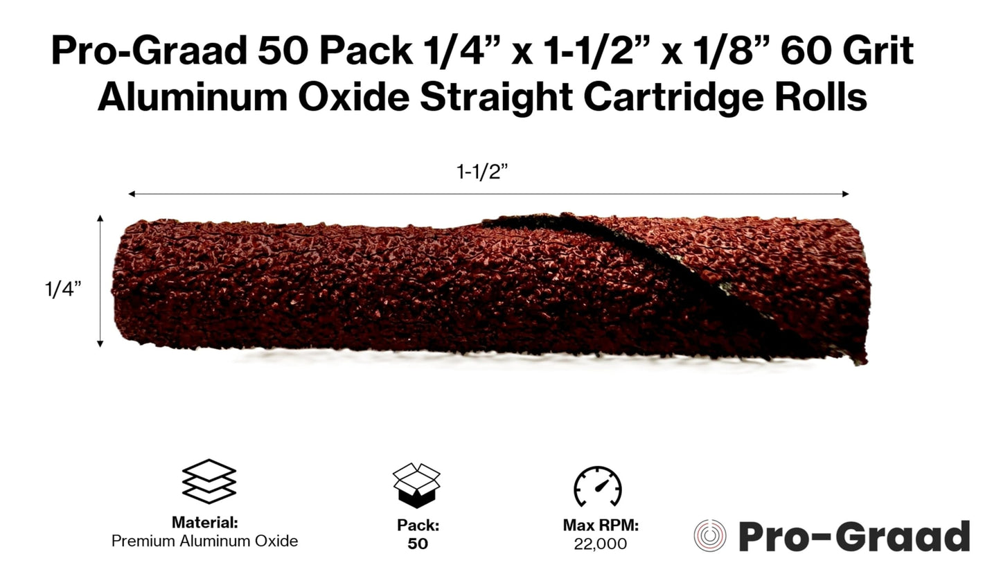 Pro-Graad 1/4” Diameter x 1-1/2” Length x 1/8” Pilot Hole 60 Grit Aluminum Oxide Straight/Untapered Cartridge Roll, 50 Pack, Includes 1x CR-9 Mandrel