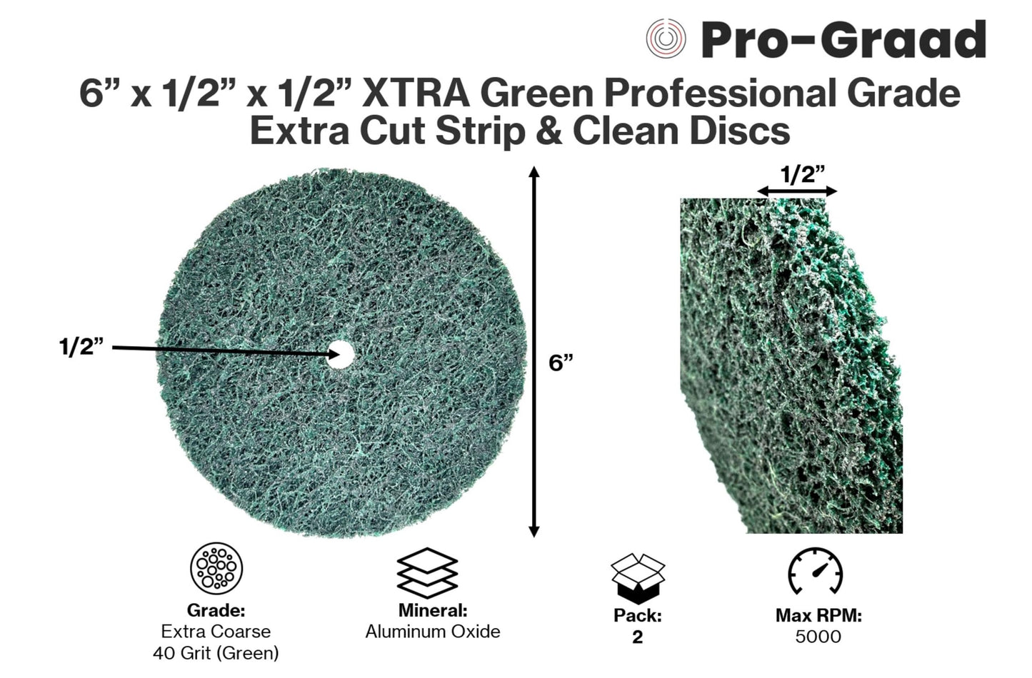 Pro-Graad 2 Pack 6” x 1/2” x 1/2" Clean & Strip XT Pro Extra Cut Disc, Extra Coarse Aluminum Oxide, Remove Heavy Rust Paint Coating Corrosion, Green, 21664